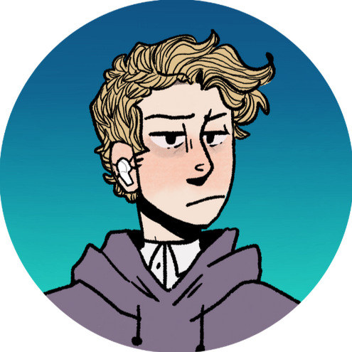 a 3/4 angle (facing right) cartoonish picrew of a blond white guy in a grey-purple hoodie, with a white collared shirt underneath. its hair is short and wavy. it has dark circles under its eyes, and looks vaguely angry. it's also wearing airpods.